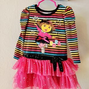 Dora the Explorer 2t Colorful Striped Dress with Pink Tulle Skirt